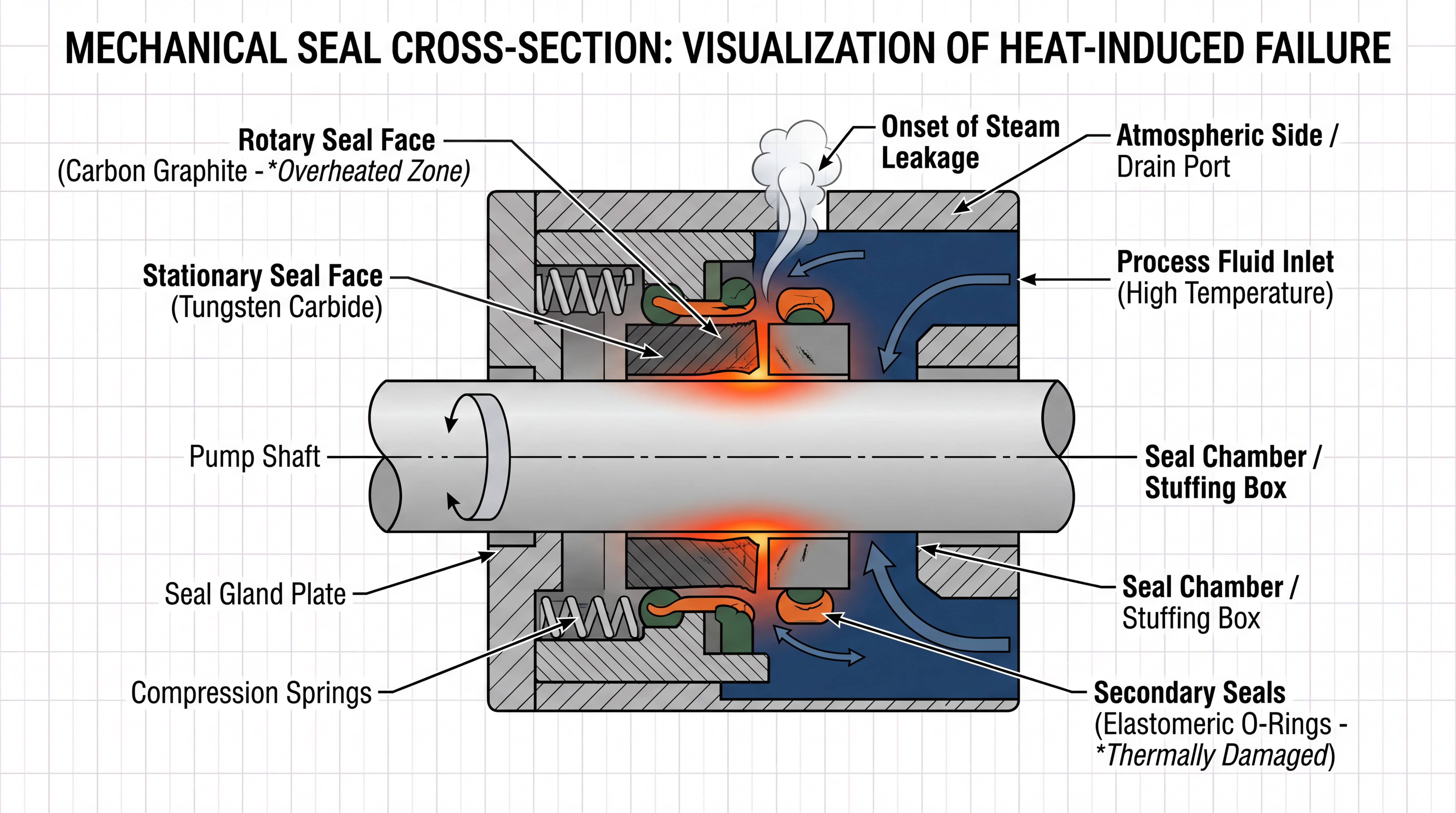 Cross-section diagram of heat-induced mechanical seal failure showing overheated seal faces steam leakage and damaged secondary O-rings